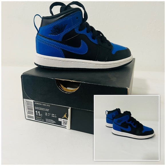 Air Jordan 1 Mid (PS) Size 11C Black/Hyper Royal-White Sneakers [640734077] EUC - Picture 1 of 9